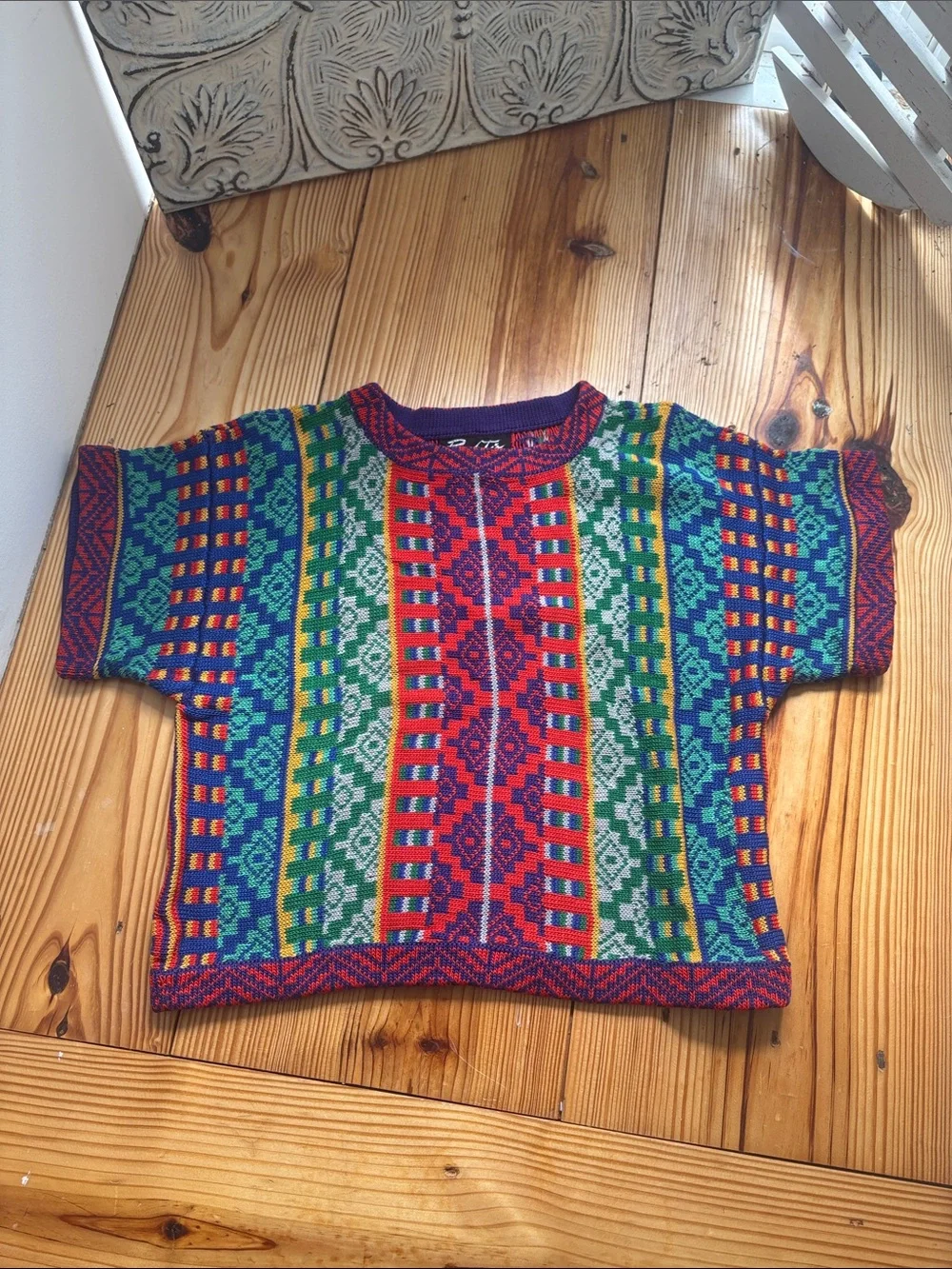 Vintage Multicolor Rainbow Knit Short-Sleeve Top